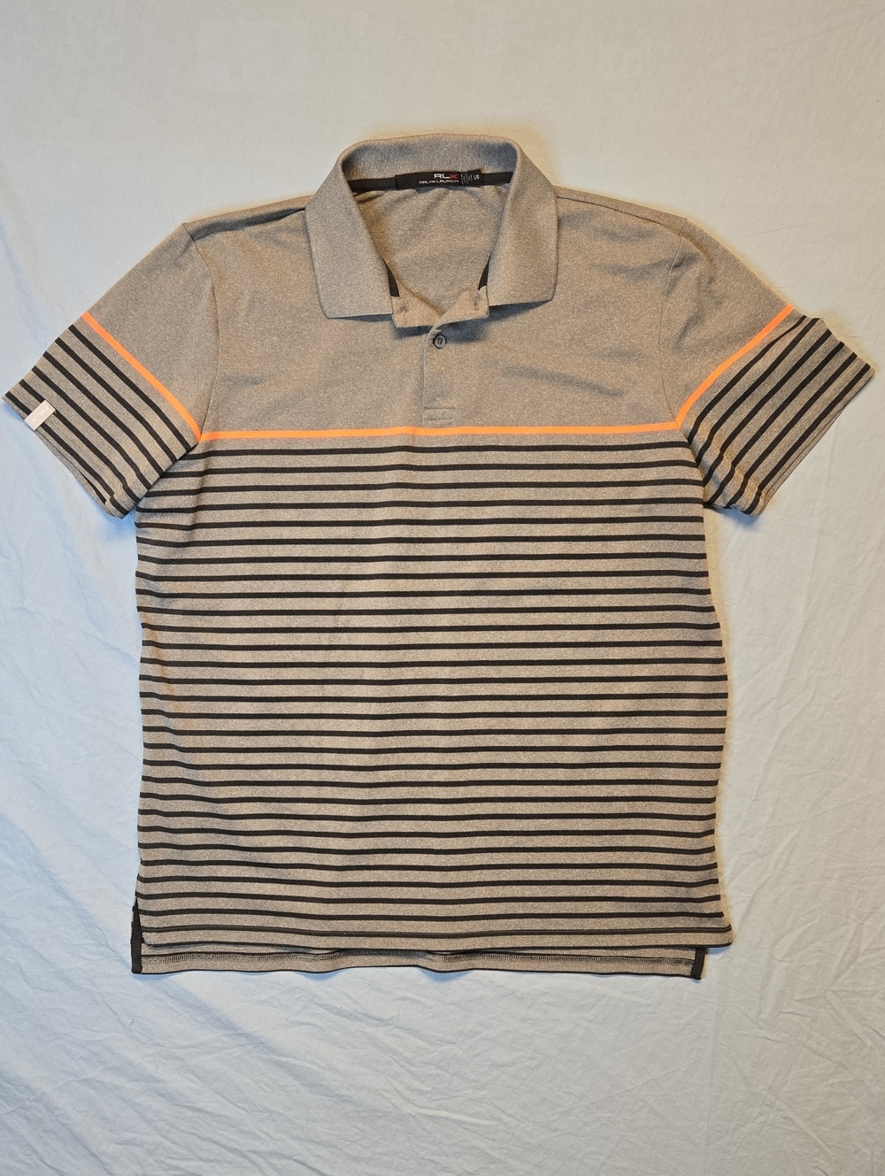 Ralph Lauren RLX Gray Polo Shirt with Black Stripes and Orange Accent